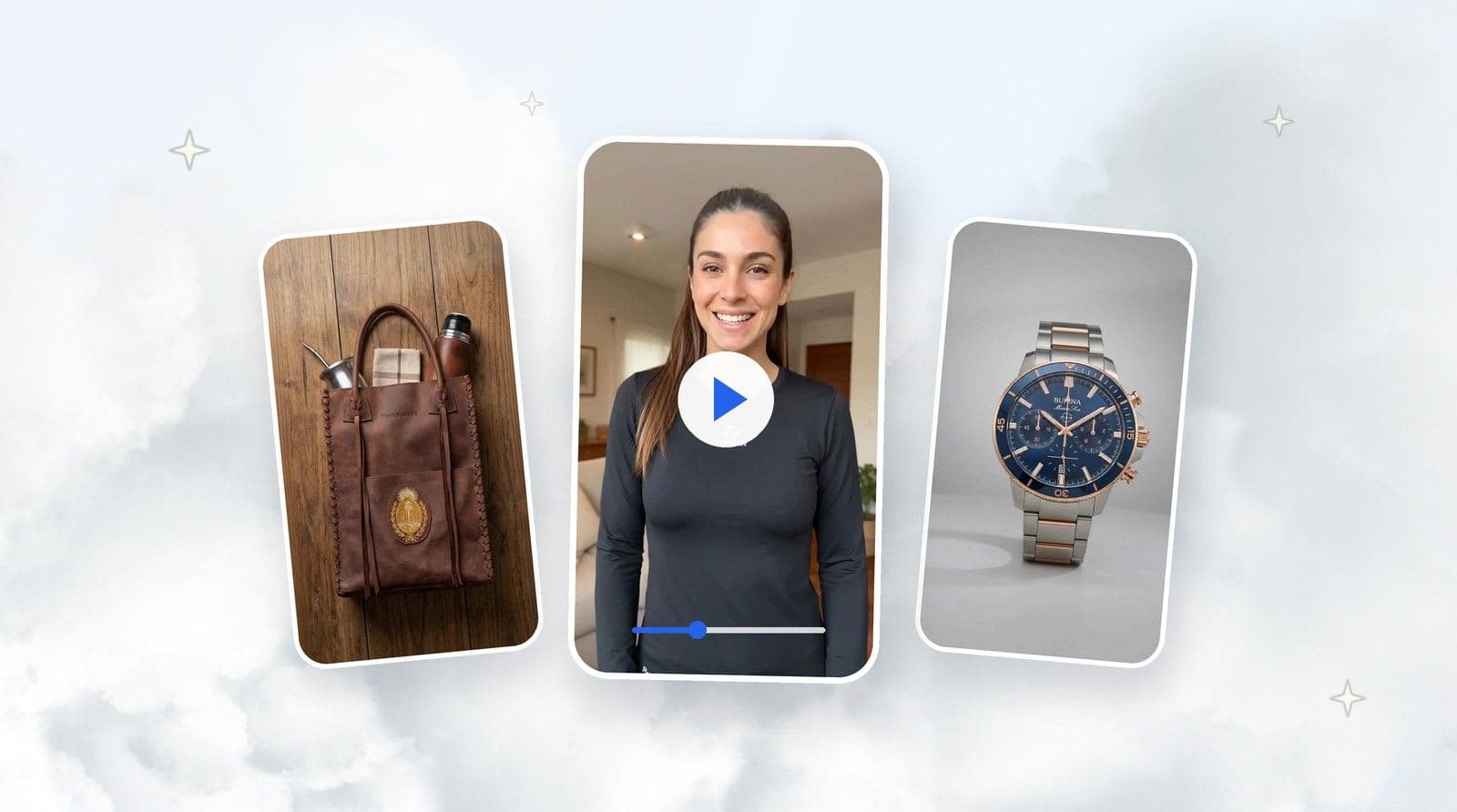 Videos de producto generados con IA para ecommerce en TiendaPop: tres videos verticales de productos reales flotando sobre nubes