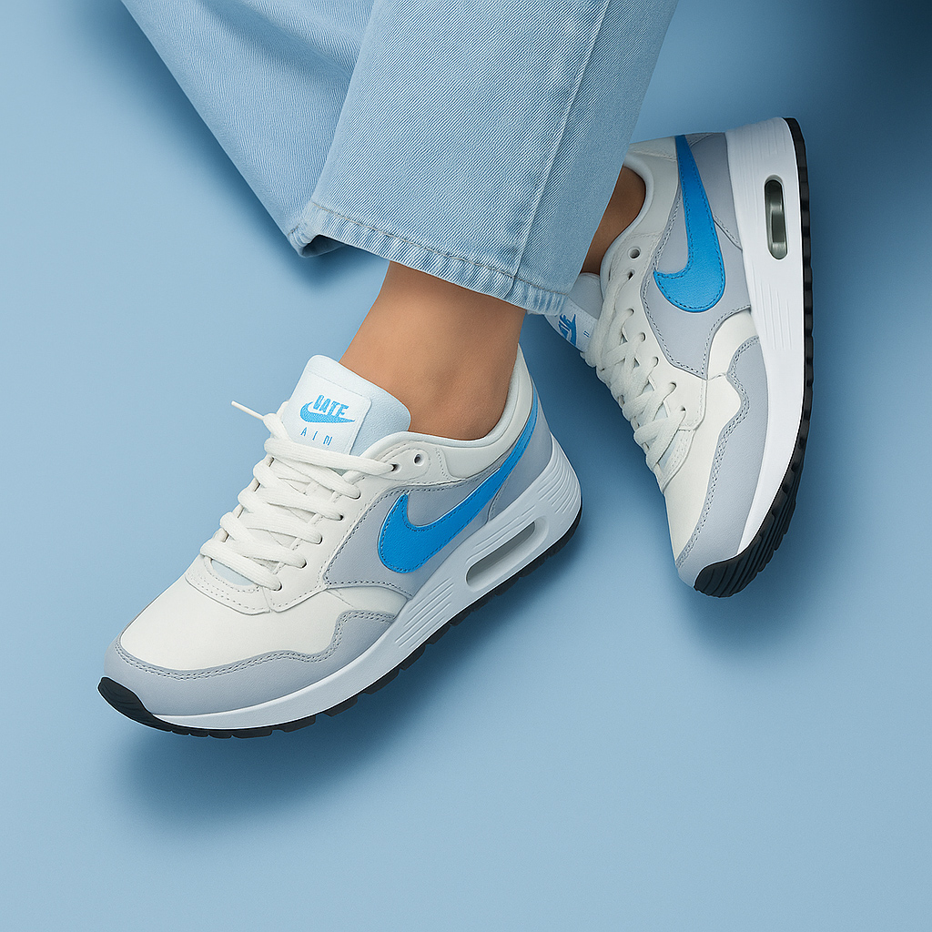 Nike Air Max blancas y azules con pantalón celeste, vista superior