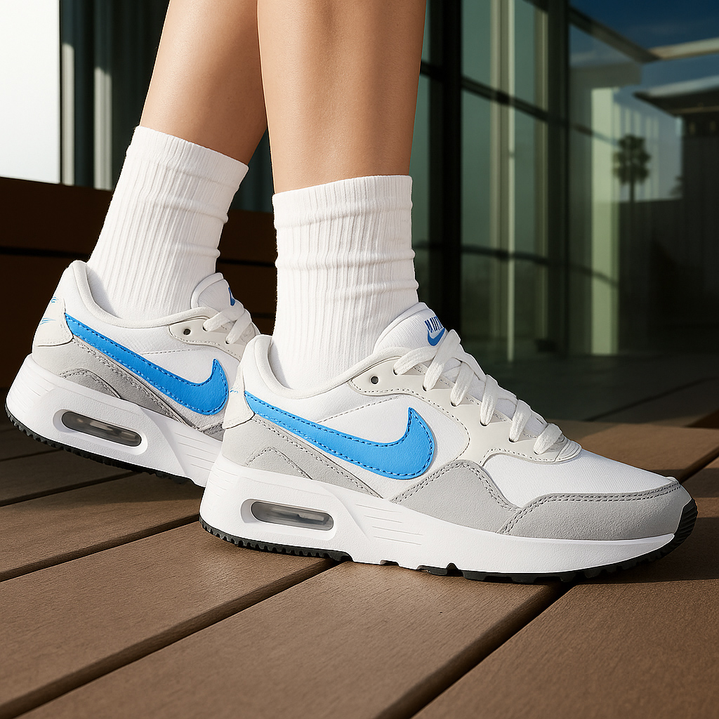 Zapatillas Nike Air Max blancas y azules en un deck de madera