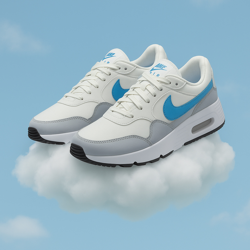 Zapatillas Nike Air Max blancas y azules flotando en una nube